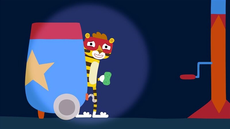 Der Tiger tut so, als würde er putzen. – Bild: KiKA/​SWR/​/​Julia Ocker