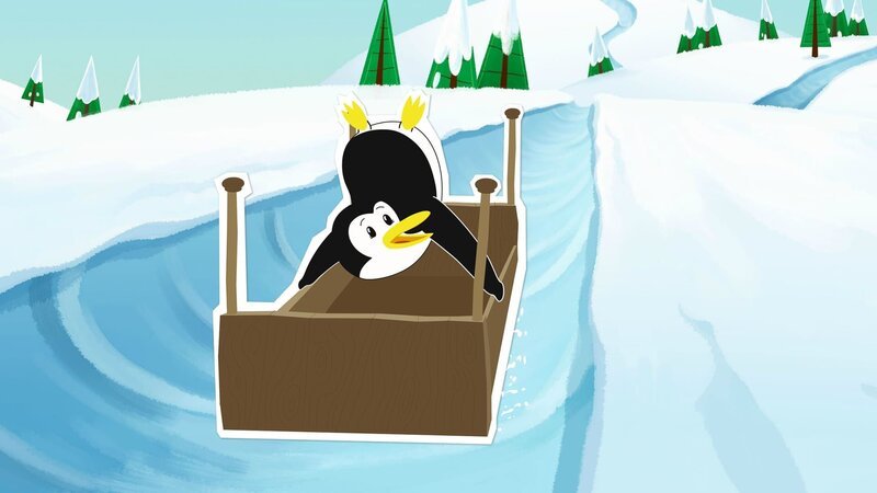 Lissy macht Kunststücke, als sie in vollem Tempo die Eisbahn herunterrutscht. Der Schlitten ist leider kurz vorher kaputtgegangen, deshalb benutzt sie beim Rodeln ein Bettgestell. – Bild: ZDF/​JEP Animation