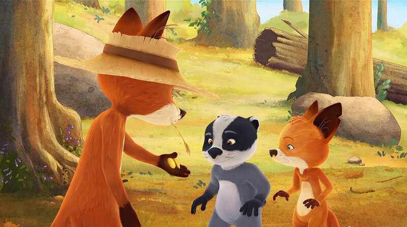 Bruno hat zwei glänzende Schätze im Wald gefunden und schenkt sie Rosie und Matteo. – Bild: WDR/​Mediatoon