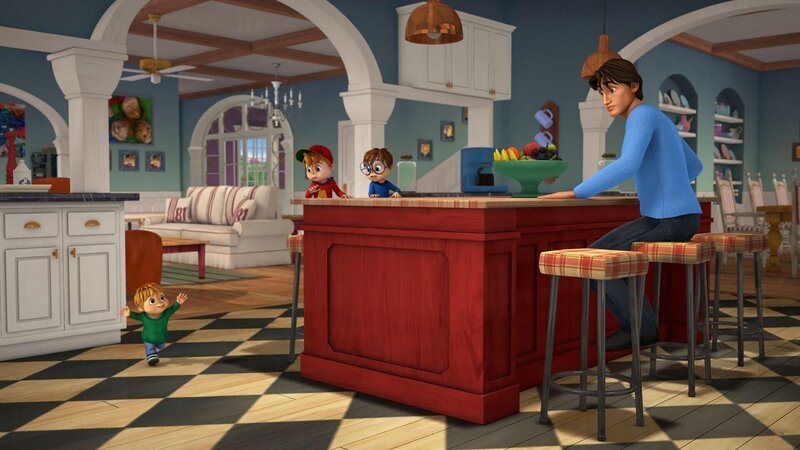 Theodore (l.) hat aufregende Neuigkeiten, die er sofort mit seiner Familie teilen will. Alvin, Simon und Dave (r.) schauen ihn verdutzt an. +++ – Bild: Der Telefonstreich /​ TM & © Bagdasarian Productions, LLC.