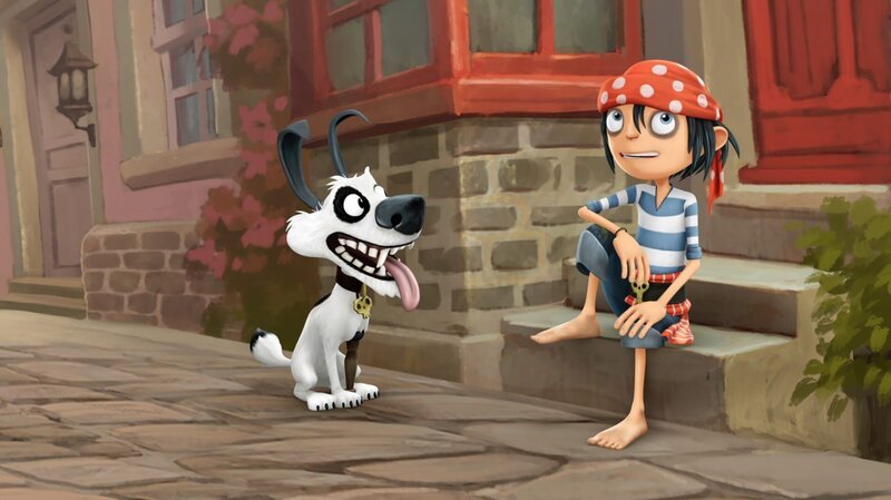 Jim und Piratenhund Knochen sitzen am Festland. – Bild: WDR/​Cyber Group Studios /​ France Télévisions /​ Blue Spirit Studios /​ Sofitvcine 4