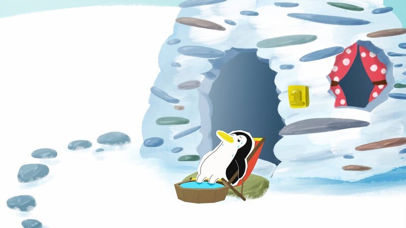 Lissy hat sich vor ihrem Steinhaus in die Sonne gelegt. Dieser Tag am Nordpol ist wirklich außergewöhnlich warm. – Bild: ZDF/​JEP Animation