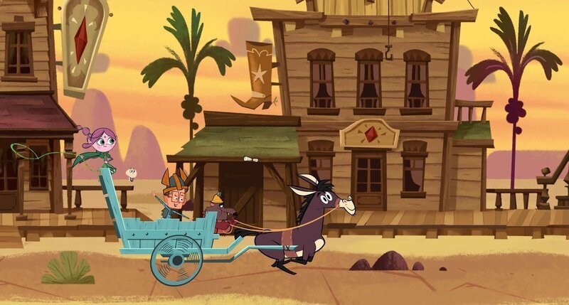 Muli Gladys gibt Gas. In der Kutsche: Ratrick, Marcus und Ephi mit dem Lasso (von rechts). – Bild: ZDF/​Mondo TV France