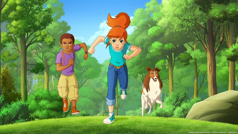 Harvey, Zoe und Lassie versuchen die Touristenscharen davon abzuhalten, direkt auf die Wiese zu steuern. – Bild: ZDF/​Classic Media/​DC Entertainment/​Superprod