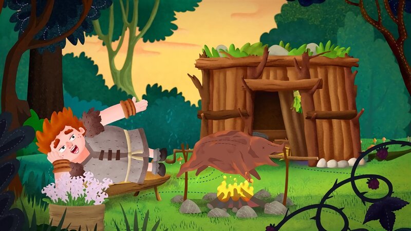 Brock hat seine Aufgaben erledigt und entspannt vor seiner Hütte. – Bild: KiKA/​Mideu Films/​MDR/​hr/​BR/​SWR/​WDR 2022