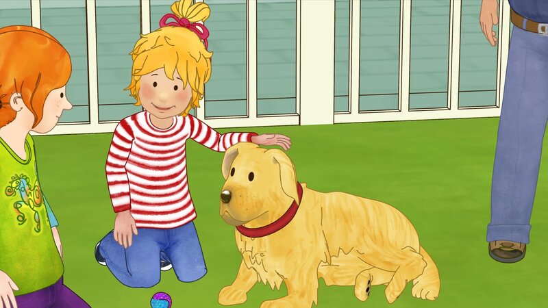 Hündin Polly ist ganz brav und lässt sich geduldig von Conni streicheln. – Bild: ZDF/​Henning Windelband/​Youngfilms GmbH