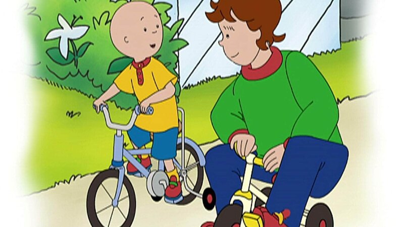 Um den traurigen Caillou wieder aufzumuntern, setzt sich Papi auf das Dreirad von Rosie. Ein lustiger Anblick. – Bild: SUPER RTL (C) Das SUPER RTL-Bildmaterial darf nur zur redaktionellen Berichterstattung im Zusammenhang mit der jeweiligen Sendung unter Angabe der Credits und Beachtung der unter http:/​/​kommunikation.superrtl.de genannten Nutzungsbeschränkungen verwendet