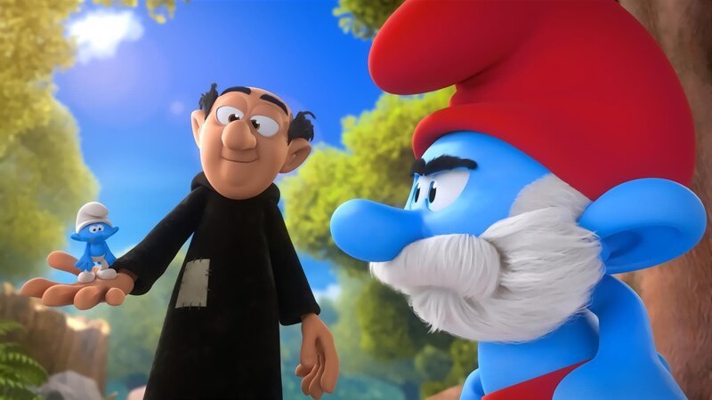 Im Wald begegnen sich Papa Schlumpf und Gargamel – immer noch im Körper des jeweils anderen. – Bild: KiKA/​Peyo Productions, Dupuis Édition & Audiovisuell 2020
