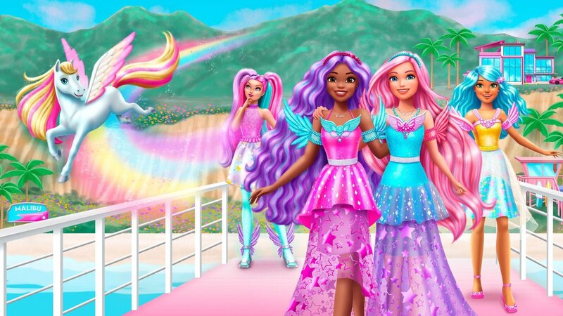 Barbie und Brooklyn entdecken beim Surfen ein einsames Fohlen. Schnell stellen sie fest, dass es sich um kein gewöhnliches Fohlen handelt, sondern um einen Pegasus, den sie Peggy taufen. – Bild: MATTEL