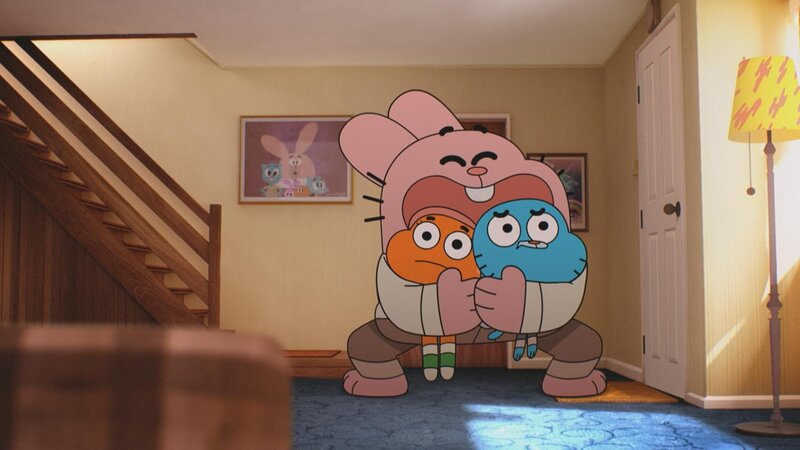 Hinter: Richard. Vorne, v.li.: Darwin, Gumball. – Bild: Turner /​ Cartoon Network. A Time Warner Company. All Rights Reserved.
