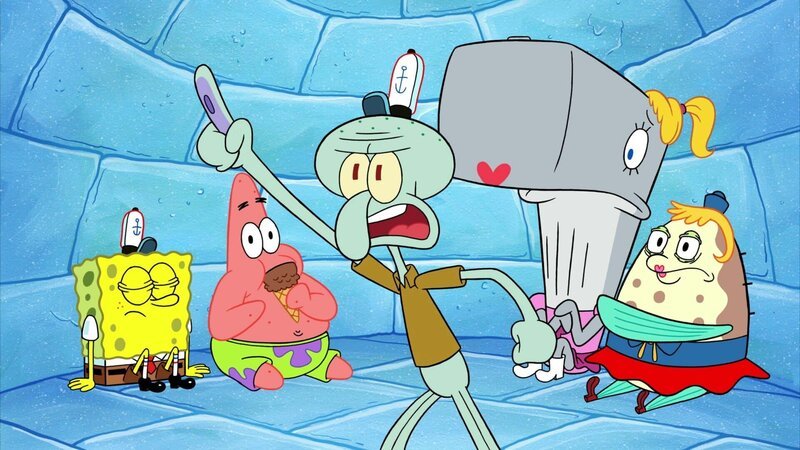 L-R: SpongeBob, Patrick, Squidward, Pearl, Mrs. Puff – Bild: Paramount