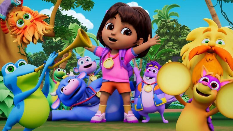 Isa (3.v.l.), Benny (4.v.l.), Boots (5.v.l.), Dora (m.), Tico (3.v.r.), Grumpy Old Troll (hinter, r.) – Bild: Paramount Isa (3.v.l.), Benny (4.v.l.), Boots (5.v.l.), Dora (m.), Tico (3.v.r.), Grumpy Old Troll (hinter, r.) – Bild: Paramount