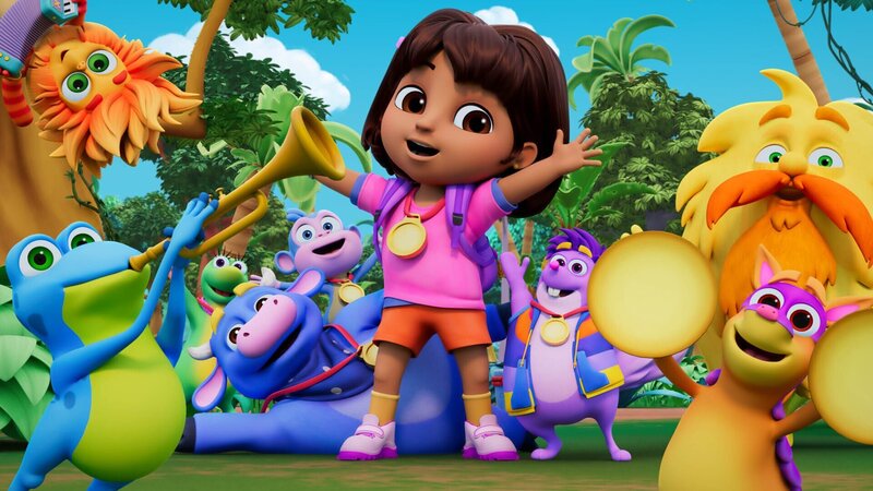 Isa (3.v.l.), Benny (4.v.l.), Boots (5.v.l.), Dora (m.), Tico (3.v.r.), Grumpy Old Troll (hinter, r.) – Bild: Paramount