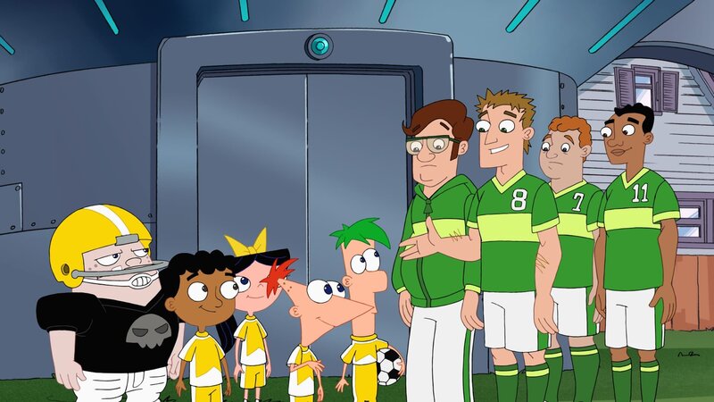 First from left: Buford Van Stomm, second from left: Baljeet Tjinder, third from left: Isabella Garcia-Shapiro, fourth from left: Phineas Flynn, fifth from left: Ferb Fletcher – Bild: Courtesy of Disney+