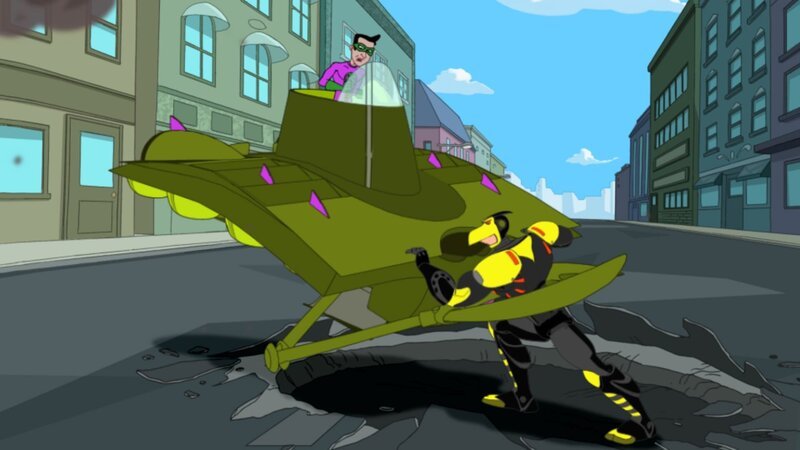 PHINEAS AND FERB – „The Beak“ – In the episode entitled „The Beak,“ Stiller voices a super villain and Taylor plays his nagging wife. Stiller’s character arrives in Danville to challenge Phineas and Ferb after the boys are mistaken as a superhero (while wearing an indestructible suit they designed to safely conquer their newly built extreme skate-track) known as The Beak. With the super villain wreaking havoc, it’s up to Phineas and Ferb to thwart him while Dr. Doofenshmirtz tells the people of the Tri-State area that he is in charge in hopes that they will actually just go along with it. – Bild: Courtesy of Disney+
