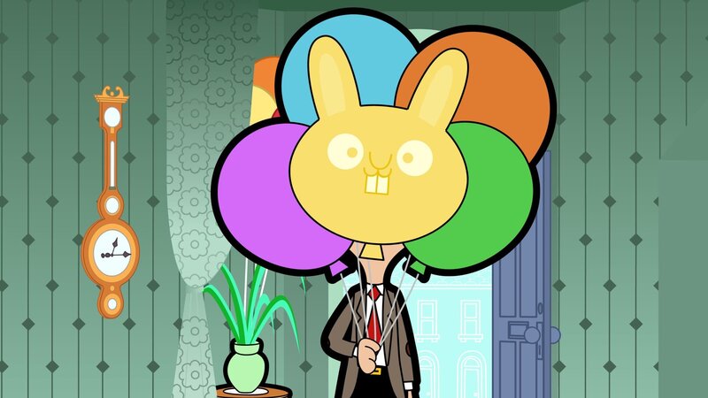 Ein neuer Trick muss her, um auf die Party zu gelangen. Mr. Bean versteckt sich hinter einigen Ballons, um nicht erkannt zu werden. – Bild: Boomerang (DE) /​ Tiger Aspect Productions Ltd