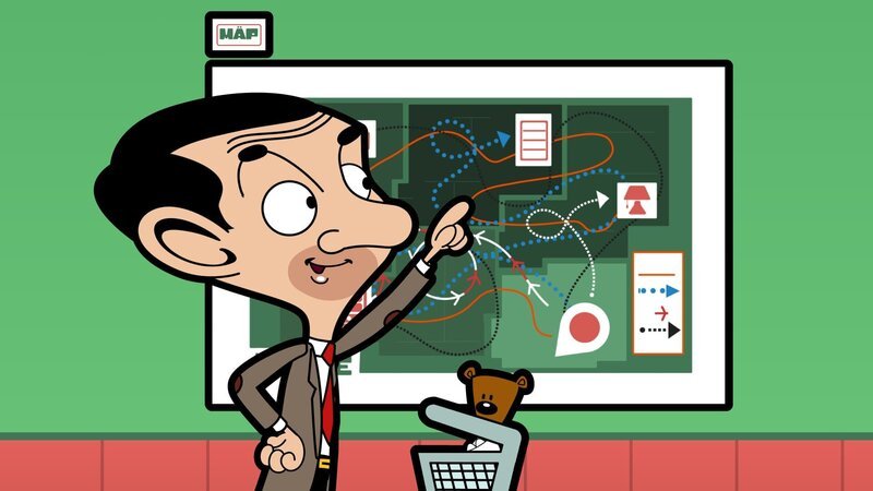 Im Möbelhaus findet Mr. Bean das gleiche Regal und kauft es noch einmal. – Bild: BOME