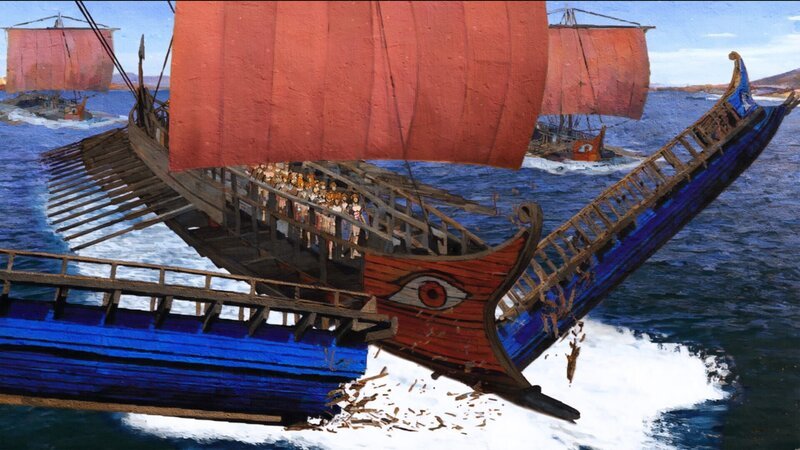 2D-CGI eines Schiffes von Octavians Flotte, das ein Schiff von Mark Antonius’ Flotte rammt. – Bild: Windfall Films