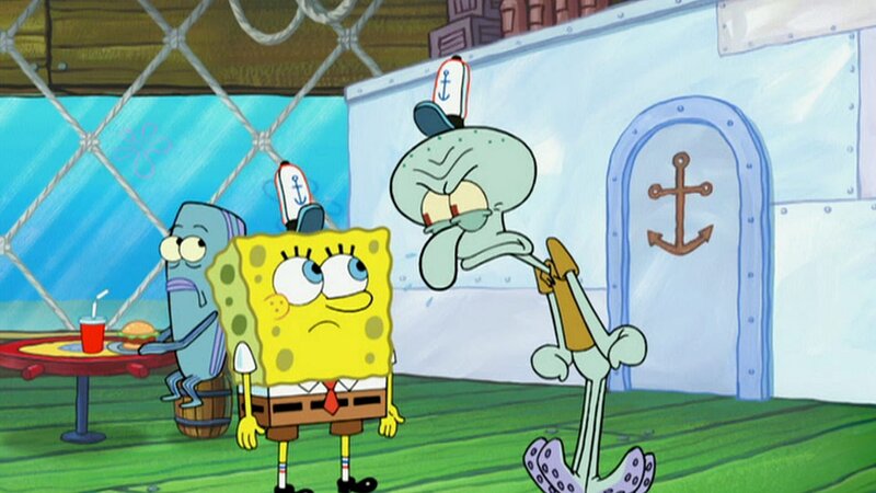 Vorne, l-r: SpongeBob, Squidward – Bild: ViacomCBS