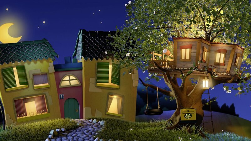 Das Gute-Nacht-Haus (links) mit dem Baumhaus (rechts). – Bild: KiKA/​Promotion&Design