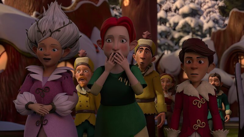 Tipsar (rechts) hat Klincus als Trophäe mit nach Frondosa gebracht. Königin Geminia (links) befürchtet jedoch, dass dieser das geheime Königreich im Wald verraten könnte. – Bild: ZDF/​SHOWLAB FABRIQUE D’IMAGES TELEGAEL