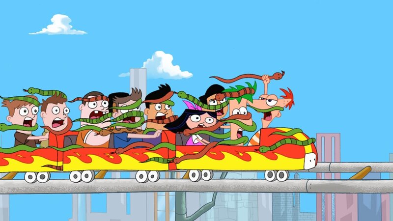 Einzig Phineas (re.) zeigt sich vom Tempo der Achterbahn, die er gemeinsam mit seinem Stiefbruder Ferb gebaut hat, unbeeindruckt. – Bild: Disney Channel