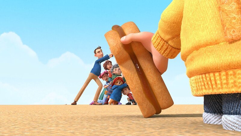 Hinter: Mr. Brown (l.), Mrs. Brown (3.v.l.), Mrs. Bird (4.v.l.), Paddington (2.v.r.), Jonathan Brown (r.) – Bild: Paramount