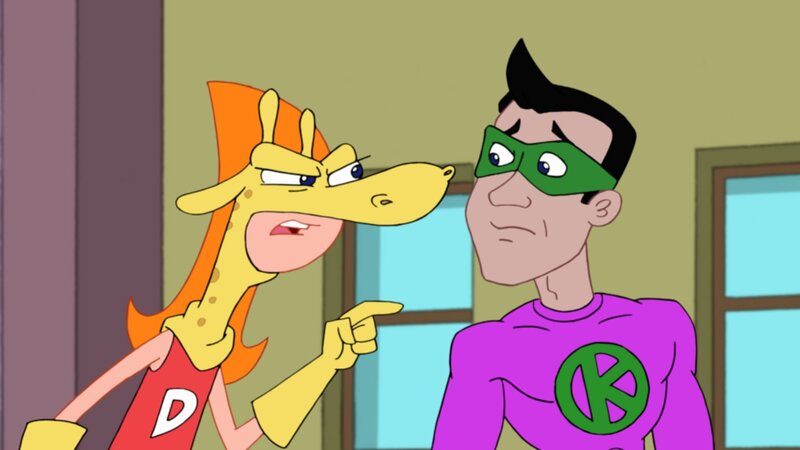 PHINEAS AND FERB – „The Beak“ – In the episode entitled „The Beak,“ Ben Stiller voices a super villain and Christine Taylor plays his nagging wife. Stiller’s character arrives in Danville to challenge Phineas and Ferb after the boys are mistaken as a superhero (while wearing an indestructible suit they designed to safely conquer their newly built extreme skate-track) known as The Beak.  With the super villain wreaking havoc, it’s up to Phineas and Ferb to thwart him while Dr. Doofenshmirtz tells the people of the Tri-State area that he is in charge in hopes that they will actually just go along with it.  This episode of „Phineas and Ferb“ premieres MONDAY, MARCH 8 (8:00 p.m., ET/​PT) on Disney XD. It will also be presented Friday, March 12 (9:00 p.m., ET/​PT) on Disney Channel. (DISNEY XD) CANDACE, SUPER VILLIAN K.P. – Bild: Courtesy of Disney+