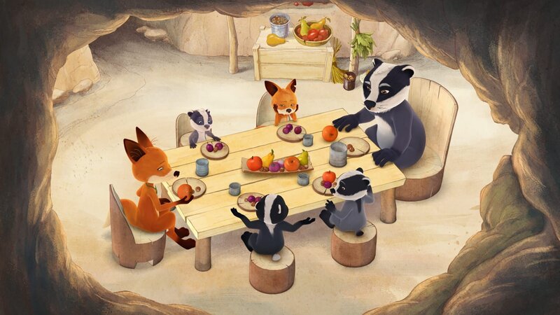 Die Familie der Füchse und Dachse lebt zusammen im Bau unter der großen Kastanie. – Bild: KiKA