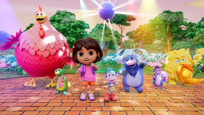 v.li.: Big Red Chicken, Isa, Dora, Boots, Benny, Tico, Grumpy Old Troll. – Bild: Paramount