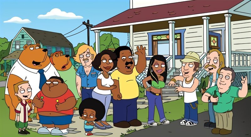 Left to right: Ernie Krinklesac, Tim the Bear, Cleveland, Jr., Arianna the Bear, Terry Kimple, Rallo Tubbs, Donna Tubbs, Cleveland Brown, Roberta Tubbs, Federline Jones, Lester Krinklesac, and Holt Richter. – Bild: Fair use