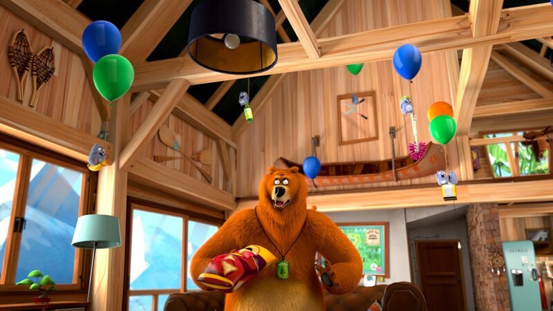 Die Lemminge haben das Fliegen für sich entdeckt: An Luftballons schweben sie durch die Rangerhütte. Doch das allein reicht ihnen noch nicht. Grizzy findet das furchtbar anstrengend. – Bild: Studio Hari
