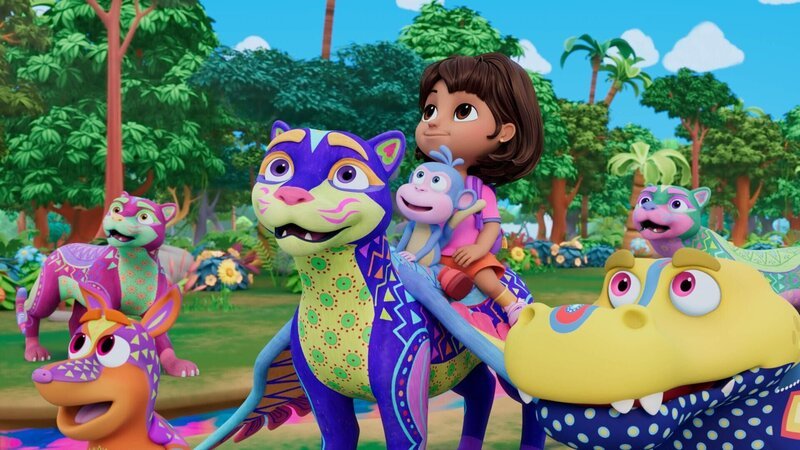 Dora, Boots und Benny müssen durch den Regenwald gehen, um einen ganz besonderen Kuchen zu Bennys Abuela zu bringen. – Bild: SUPER RTL /​ Der Besondere-Kuchen-Tag