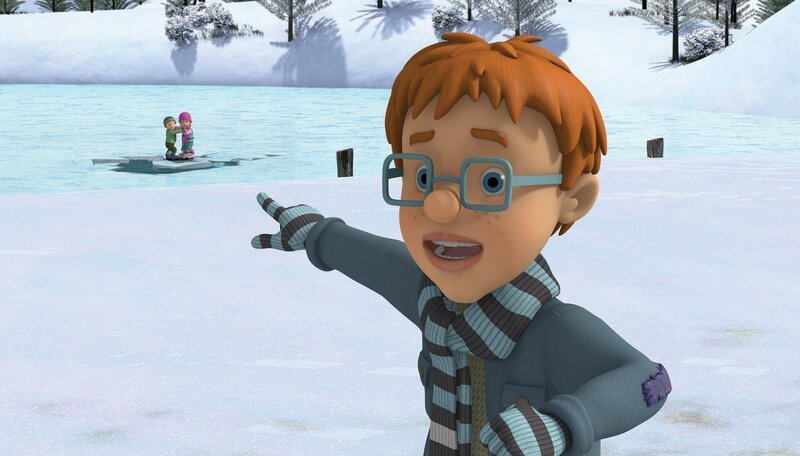 Norman ruft um Hilfe. Sarah und James sitzen auf einer Scholle fest. – Bild: KiKA/​2014 Prism Art & Design Limited