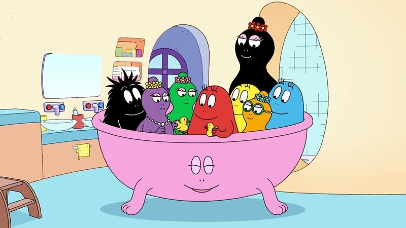 Unten: Barbapapa. Hinter: Barbamama. Mitte, l-r: Barbabo, Barbabelle, Barbalala, Barbabravo, Barbazoo, Barbasophie, Barbabright – Bild: Paramount