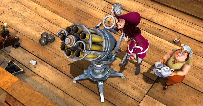 Captain Hook will Peter Pan in der Luft abschießen, um an den Magischen Sextanten zu kommen. – Bild: ZDF/​DQ Entertainment