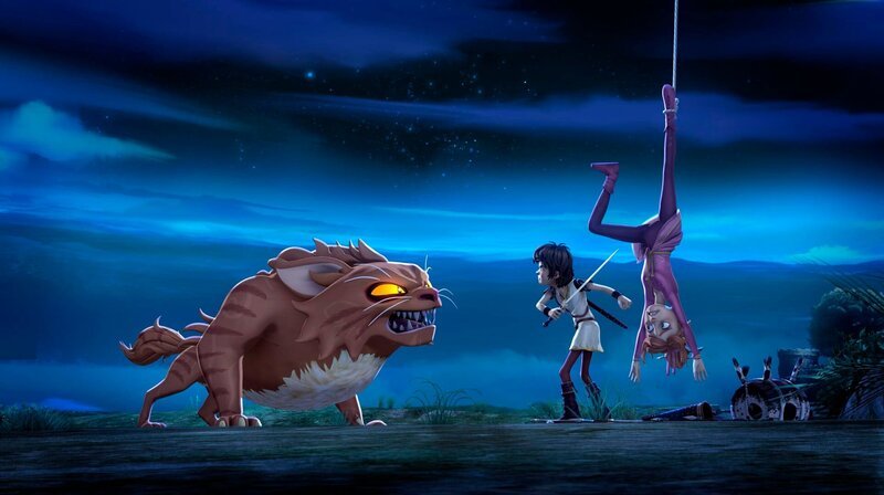 Ein Monster bedroht Arthur und die in der Monsterfalle gefangene Guinevere. – Bild: SWR/​Blue Spirit Productions/​Télé