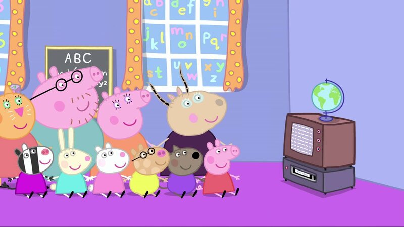 Hinter, l-r: Mrs. Cat, Daddy Pig, Mummy Pig, Madame Gazelle. Vorne, l-r: Zoe Zebra. Rebecca Rabbit, Suzy Sheep, Pedro Pony, Danny Dog, Peppa Pig. – Bild: Paramount