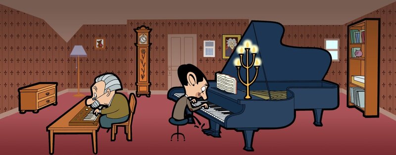 v.li.: Piano Teacher, Mr. Bean – Bild: Mr Bean TM and © Tiger Aspect Productions Ltd 2002 /​ © Tiger Aspect Productions Ltd 2020