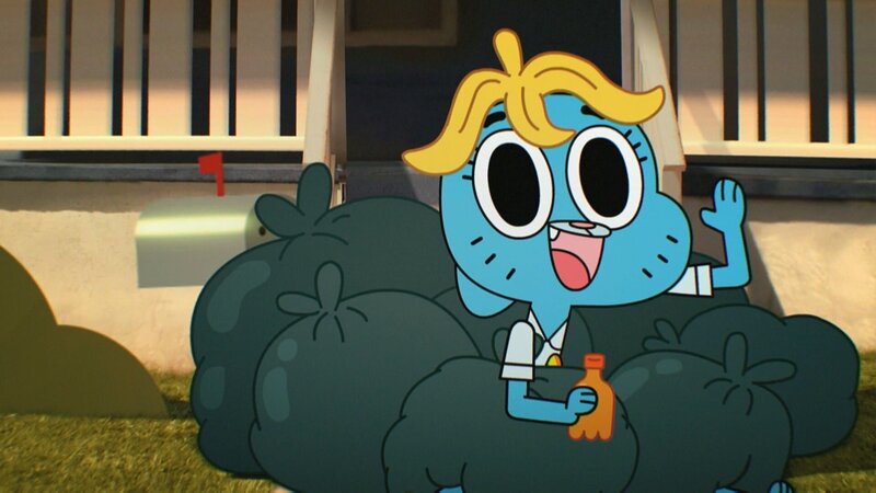 Gumballs Mutter Nicole taucht völlig entnervt zwischen den Müllsäcken auf. – Bild: port.hu