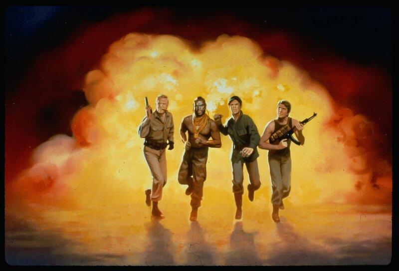 L-R: George Peppard als John ‚Hannibal‘ Smith, Mr. T als B.A. Baracus, Dirk Benedict als Templeton ‚Faceman‘ Peck, Dwight Schultz als ‚Howling Mad‘ Murdock – Bild: TVP