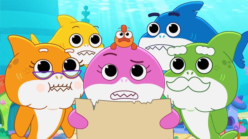 l-r: Grandma Shark, Baby Shark, William, Mommy Shark, Daddy Shark, Grandpa Shark – Bild: Nickelodéon Junior