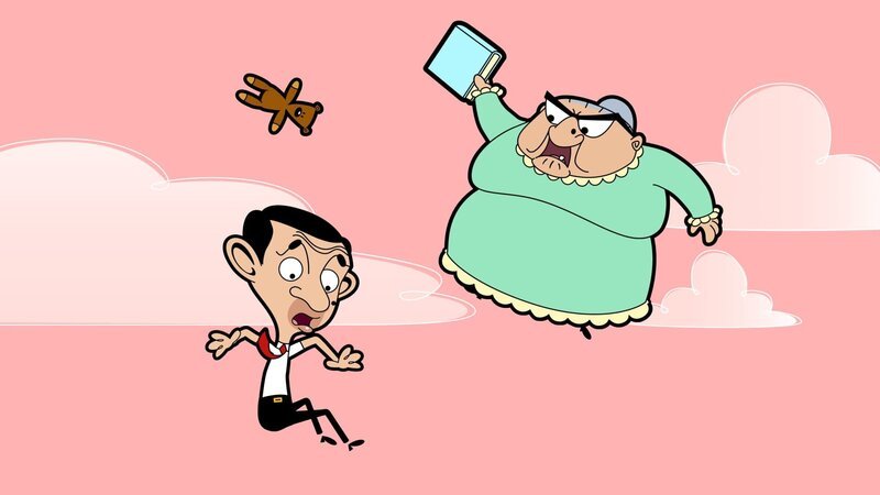 L-R: Mr. Bean (voiced by Rowan Atkinson), Mrs. Wicket (voiced by Sally Grace) – Bild: Boomerang (DE) /​ Tiger Aspect Productions