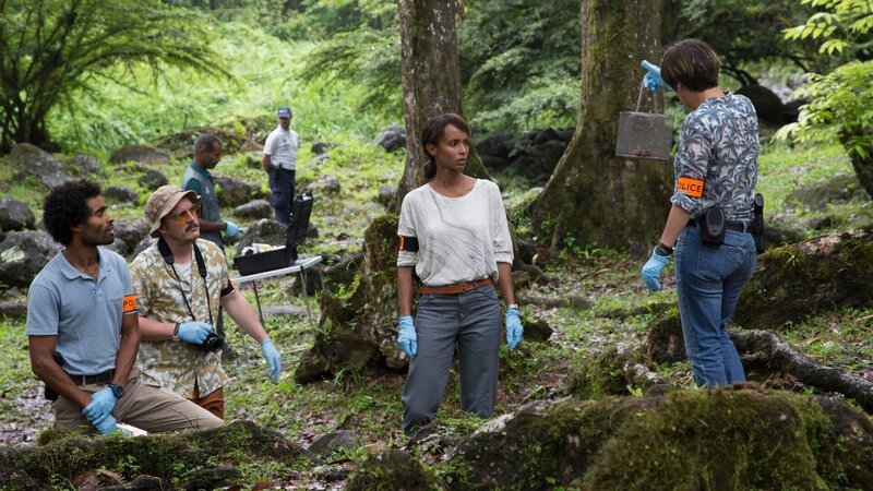 Das Ermittlerteam Aurélien Charlery (Julien Beramis, l.), Philippe Dorian (Valentin Papoudof, 2.v.l.), Mélissa Sainte-Rose (Sonia Rolland, M.) und Gaëlle Crivelli (Beatrice de la Boulaye, r.) findet in der Nähe einer Frauenleiche im Wald einen kleinen Käfig. Darin ist eine Spinne gefangen. – Bild: ZDF