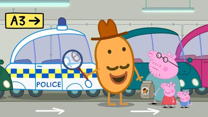 Papa Wutz (hi.re.), Peppa (vo.li.) und Schorsch (vo.re.) parken in einem riesigen Parkhaus, doch als sie vom Einkauf zurückkehren, können sie das Auto nicht mehr finden. Da taucht plötzlich Inspektor Kartoffel (hi.li.) auf. – Bild: SUPER RTL