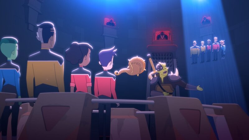 Vorne, l-r: D’Vana Tendi, Sam Rutherford, Beckett Mariner, Brad Boimler, Clar – Bild: Paramount