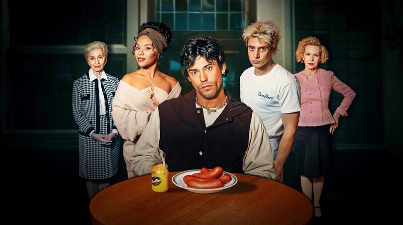 Keyvisual „Die Zweiflers“ (v. li. n. re.): Lilka (Ellanor Rissa), Saba (Saffron Marni Coomber), Samuel (Aaron Altaras), Leon (Leo Altaras) und Mimi (Sunnyi Melles) – Bild: ARD Degeto/​HR/​Turbokultur/​Elliott Kreyenberg