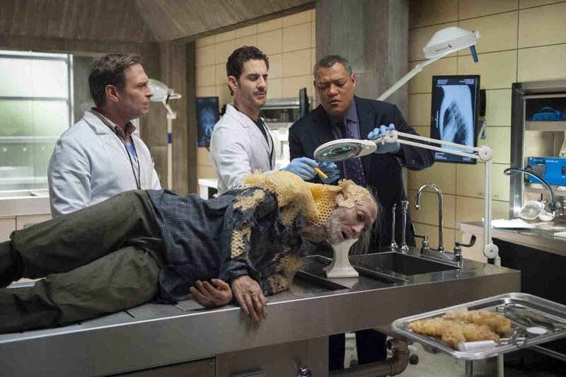 Jimmy (Scott Thompson, l.), Brian (Aaron Abrams, M.) und Jack (Laurence Fishburne, r.) sind geschockt, als sie erkennen, dass der Kopf eines Opfers als Bienenstock diente … – Bild: NBCUniversal Media, LLC /​ Brooke Palmer