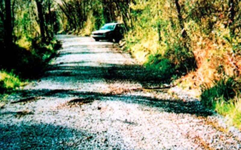 Das Auto ist an der Ecke einer kleinen unbefestigten Straße geparkt. – Bild: ae /​ © Crime + Investigation /​ A+E Networks