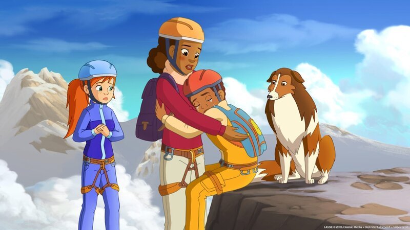 Zoé, Beth und Lassie haben Harvey erschöpft und verzweifelt an einem Berghang gefunden. – Bild: ZDF/​Classic Media/​DC Entertainment/​Superprod